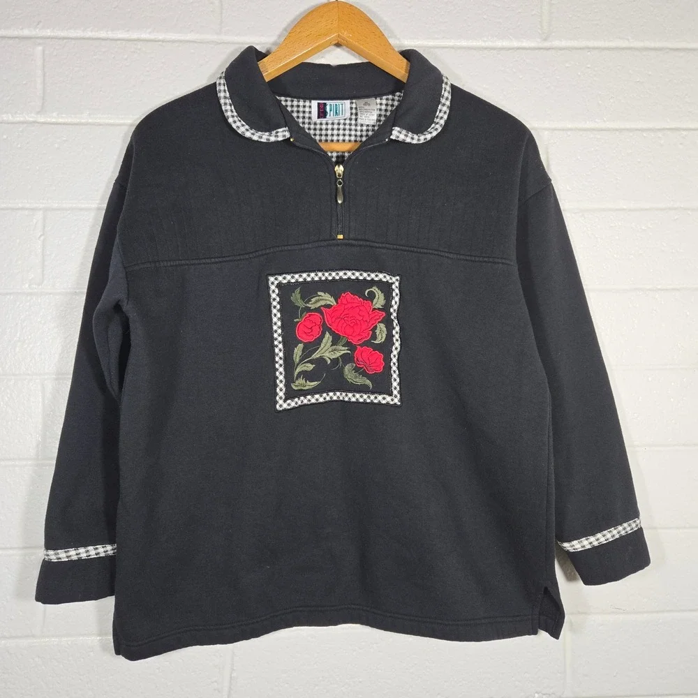Vtg 90s 1/4 Zip Peter Pan Collar Gingham Granny Cottage Sweatshirt Medium 10 12